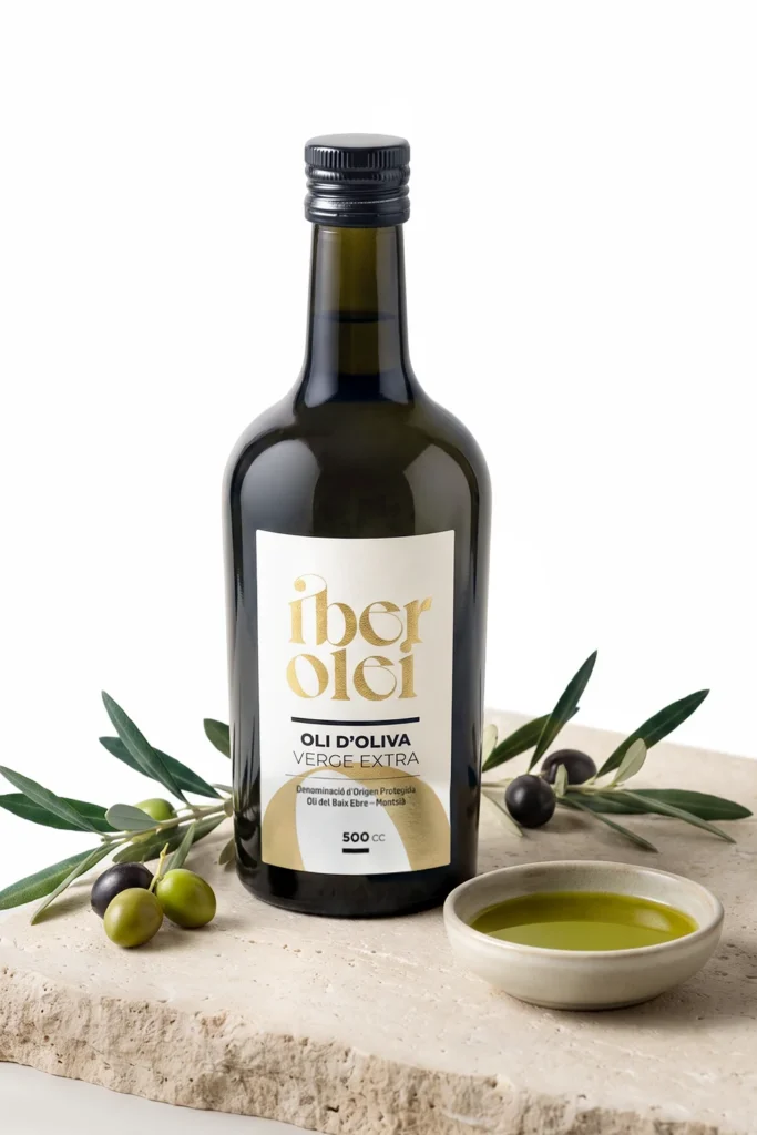 Fotografia d'estudi professional oli d'oliva verge extra ampolla vidre composició editorial branques olives bol ceràmic Catalunya