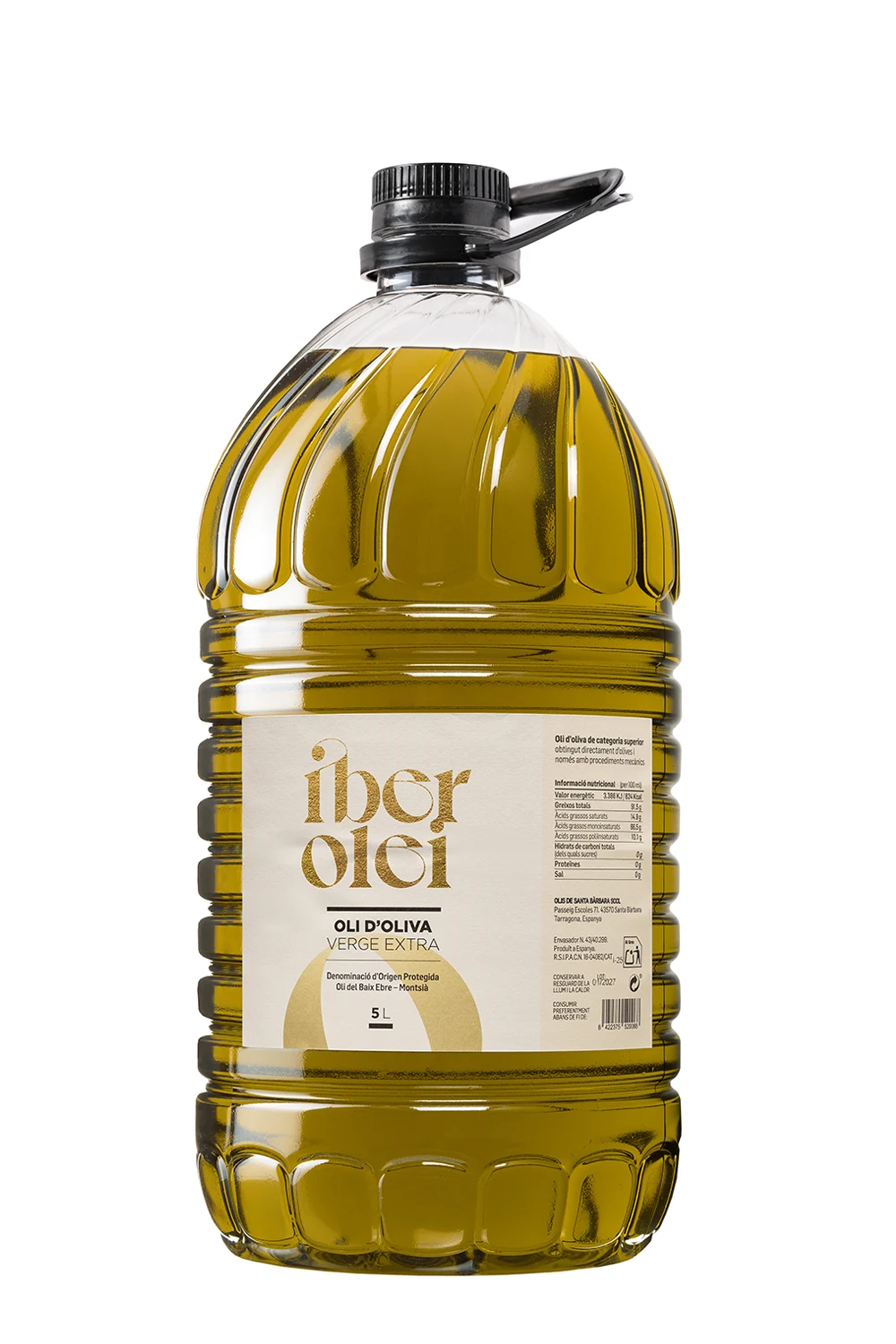 Fotografia professional d'estudi a Catalunya d'oli d'oliva verge extra garrafa 5 litres color daurat fons blanc web e-commerce